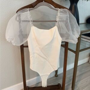 Astr Ivory Bodysuit with Sheer Sleeves